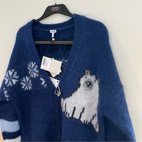 NWT Loewe Mohair Knit Cardigan Oversized Women’s Blue Sweater Polar Bear Winter - Picture 12 of 16